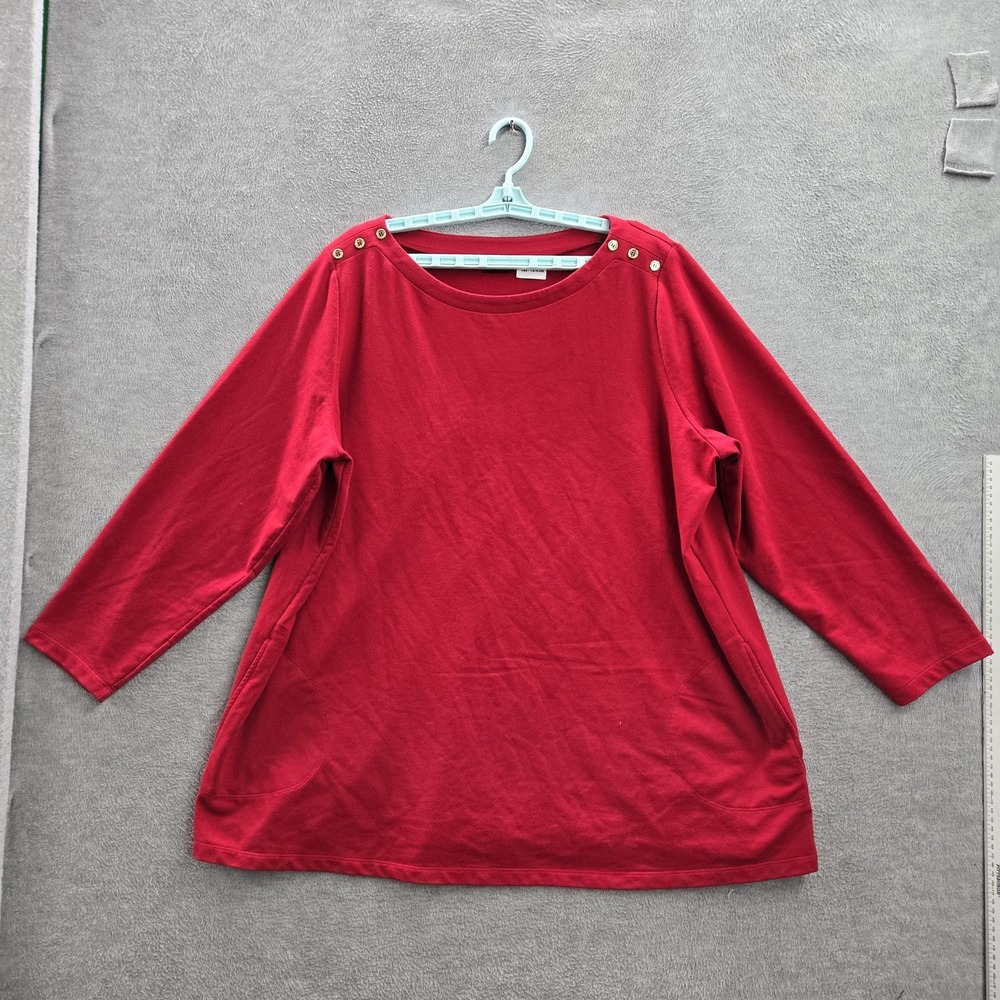 Susan Graver Women Shirt 2X Red Button Crew Neck 3/4 Sleeve Pullover Tee